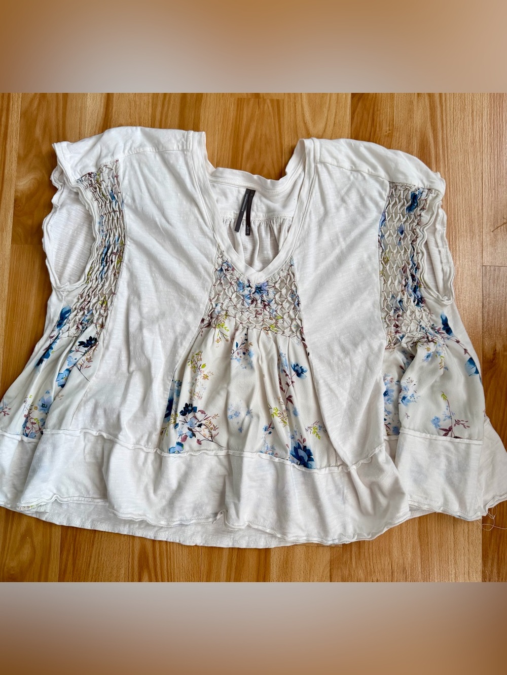 Anthropologie White Floral Smocked V-Neck Top